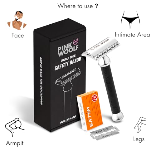 Image of Pink Woolf OC70 Open Comb Safety Razor for Men | Double Edge with 10 Blades | Matte Black Metal Shaver for Thick Beard & Wet Shaving | Aggressive Single Blade with Anti-Slip Handle