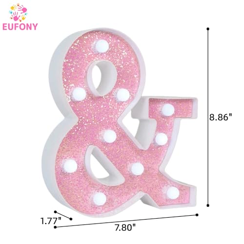 Image of Pink Glitter Marquee Light Up Letters, Battery Operated LED Letter Lights Signs for Pink Birthday Party Table Decorations, Wall Decor for Girls Bedroom, Ampersand Symbol & w /Cool White Lights