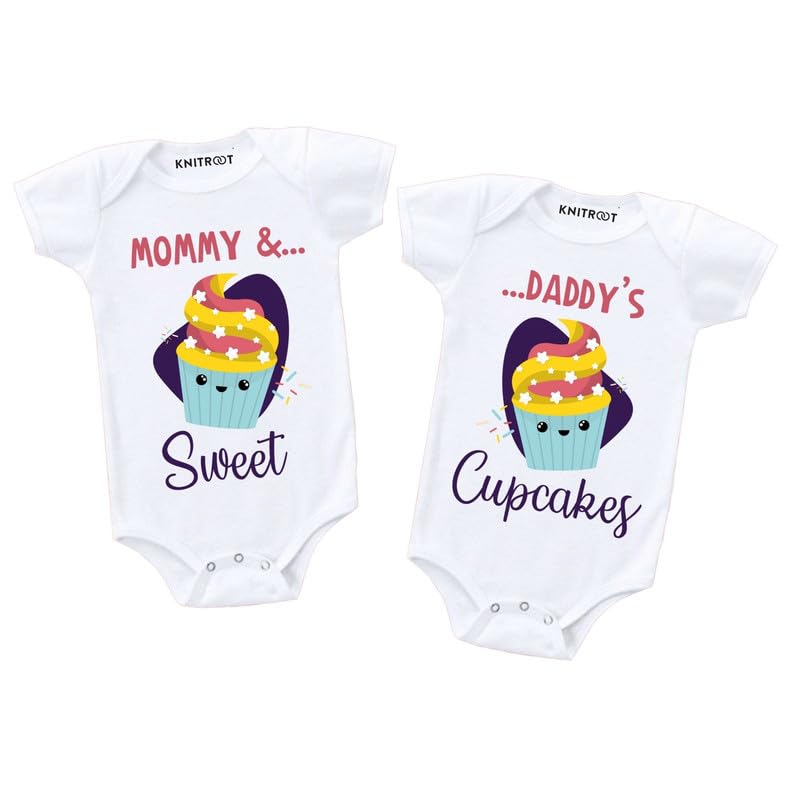KNITROOT Twins Special Romper, Unisex Baby Kids Twin Onesies, Half Sleeve Bottom Snap Button, White Cotton Bodysuit, Sleepsuit, Mommy Sweet Daddy Cupcakes, 0-12 Months, For Twin Baby Boys & Girls