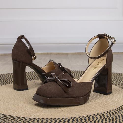 Chunky Platform Heels with Bow for Women Square Closed Toe Ladies Black Dress Suede Pumps Shoes for Wedding Party Bridal Ankle Strap High Heels3