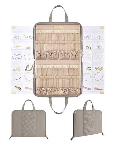BAGSMART Estojo organizador de joias de viagem bolsa de rolo de joias portátil armazenamento de colar sem emaranhados, bolsos transparentes dobráveis para brincos, anéis, pulseira, essenciais de viagem, cinza tranquilo grande