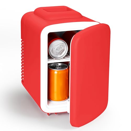 Image of InfiniPower 4 Liter/6 Can Mini Fridge, Portable AC/DC Small Beverage Refrigerator, Freon-Free Cooler & Warmer for SkinCare, Food and Drinks, Bedroom, Dorm, Car, Office, Red