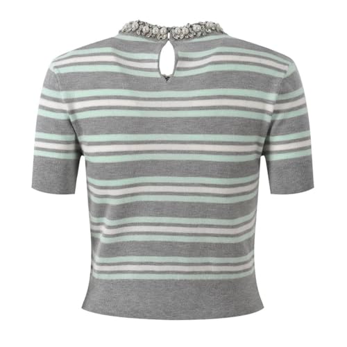 Women’s Elegant Pullover Short-Sleeve Sweater Pearls Beading Striped Top4