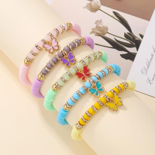 Image of COLORFUL BLING 4-5Pcs Adjustable Cute Butterfly Stackable Stretch Bracelet Multilayer Bohemian Crystal Beads Strand Wrap Bracelet Statement Jewelry Gifts for Women