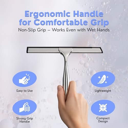 Image of All-Purpose Shower Squeegee for Shower Doors, Bathroom, Windows, Mirrors, Tiles, and Car Glass - 11 Inches Stainless Steel with Hook (Silver)
