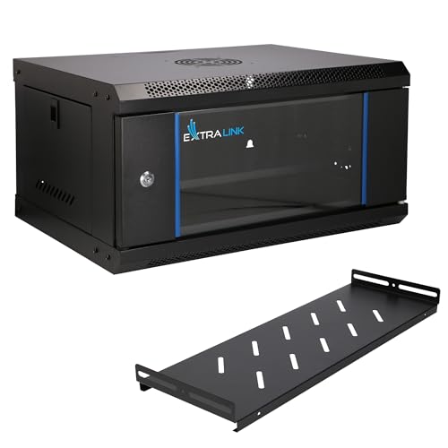 Extralink Armadio Rack 19 pollici 4U - Armadio di rete da 400 mm, SET con Mensola, fino a 60 kg, porta in vetro temperato, apertura a 180°, nero - per rete domestica e apparecchiature informatiche