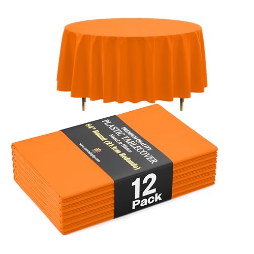 Image of Exquisite 66% Thicker Premium Orange Round Tablecloth 0.5 Mil 12 Pack Plastic Table Cloth Disposable 84 Inch Round Plastic Tablecloth Won't Tear Easily Like Cheap Thin Brands