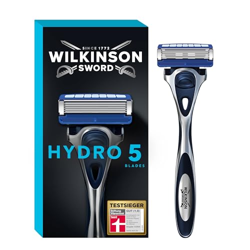 Wilkinson Sword - Hydro 5 Rasierer für Männer, TESTSIEGER VON WILKINSON SWORD BEI STIFTUNG WARENTEST, Rasiergriff + 1 Rasierklinge, Feuchtigkeitsspendende Gel-Pools und umklappbarer Trimmer