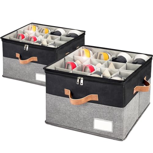 Image of 2 Pack Shoe Organizer for Closet Foldable Storage Box with Clear Cover | Fits 16-32 Pairs Boots and Heels Sneaker Sandals Stackable with Adjustable Divider Space Saving Dorm Black and Grey