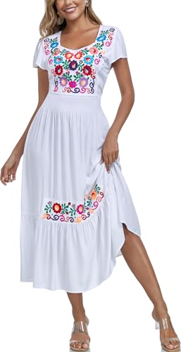 Image of Women's Summer Maxi Dress Casual Floral Embroidered Round Neck Short Sleeve Ruffle Tiered Dress Flowy Boho Beach Sundress