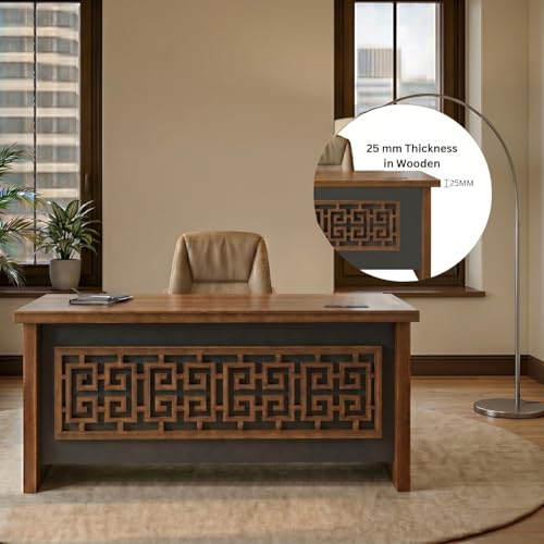 Image of TEKAVO Valor Executive Desk for Office & Home | 3 Drawer with Lock | Boss Table | Director Table for Office | Wooden Manager Cabin Desk | 120cm Long | 25mm Thick Table top