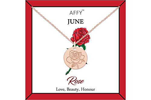 AFFY June Birth Month Rose Flower Disc Pendant Necklace 18K RG Plated