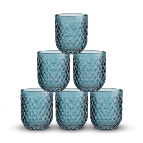 INDE SANTA CLARA | Set 6 Vasos de Cristal Agua 270cc Orbel Azul, Vasos Agua de Vidrio Relieve Azul, Aptos Lavavajillas y Microondas