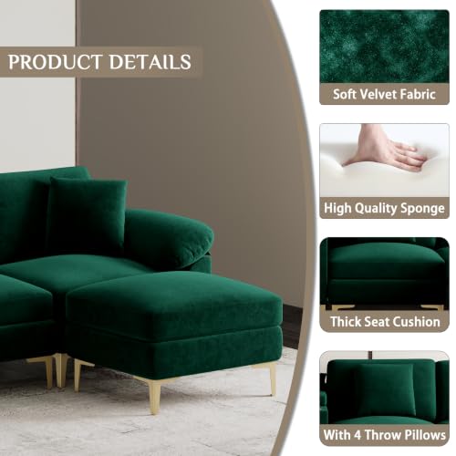 Image of OUYESSIR U-Shaped Sectional Sofa Couch, 4 Seat Sofa Set for Living Room, Convertible U-Shaped Velvet Couch Set with USB Port Central Console Ottoman,128 inches (Emerald Green)