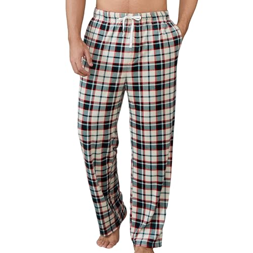 Mens Fleece Pajama Pants Ultra Soft Plaid Lounge Sleep Bottoms with Pockets and Button Fly