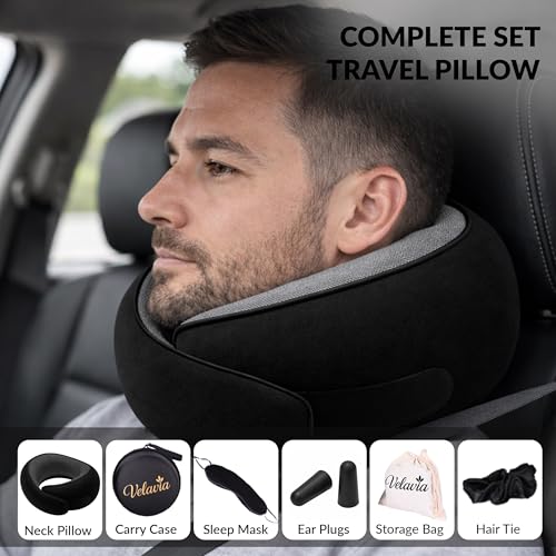 Image of Travel Neck Pillow,Ergonomic 360 Memory Foam Support for Head, Neck. Adjustable for Long Flights. Soft &Washable Cover, EVA Box, 3D Eye Mask, Earplugs, Hair Tie & Luxury Bag (Black)
