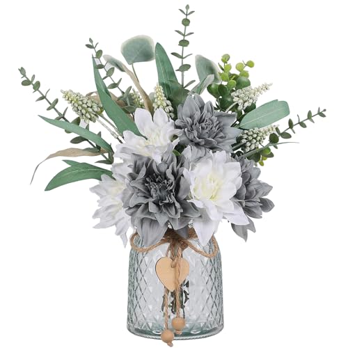 Faux Flowers with Vase,Artificial Silk Flowers in Vase, Fake Plant Eucalyptus and Willow,Flower Arrangement for Home Farmhouse kitchen Dining Table Centerpiece Decorations Table Decor (Grey Blue)