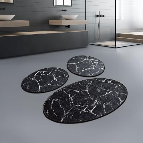 Bosdela Badezimmerteppiche Marble Black (3-teilig), 60x100 cm – rutschfest, Weich, Luxuriöses Marmor-Design, Badvorleger Set für Badezimmer, Dusche, WC