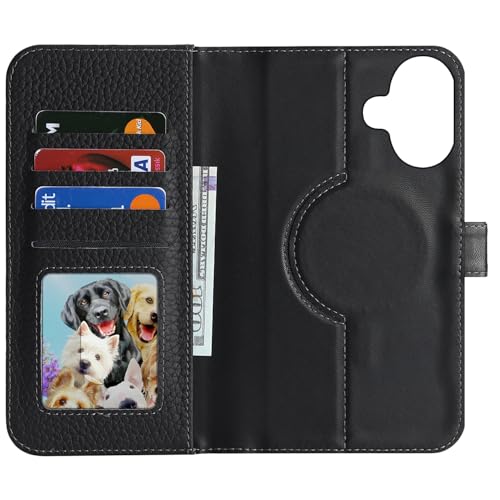 Image of Detachable Genuine Leather Case for iPhone 17 Wallet Case Magnetic 2in1 Removable Flip Cover Book Purse Compatible with Magsafe Charging Kickstand Card Holder-Black