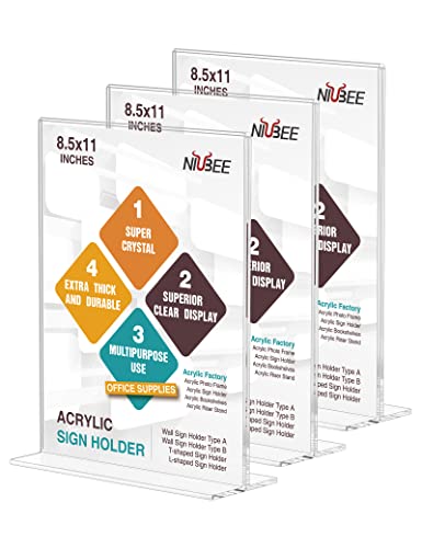 Image of NIUBEE 3 Pack Acrylic Sign Holder 8.5 x 11 - T Shape Double Sided Table Top Display Stand, Portrait Upright Photo Picture Frame Wedding Menu Ad Holder