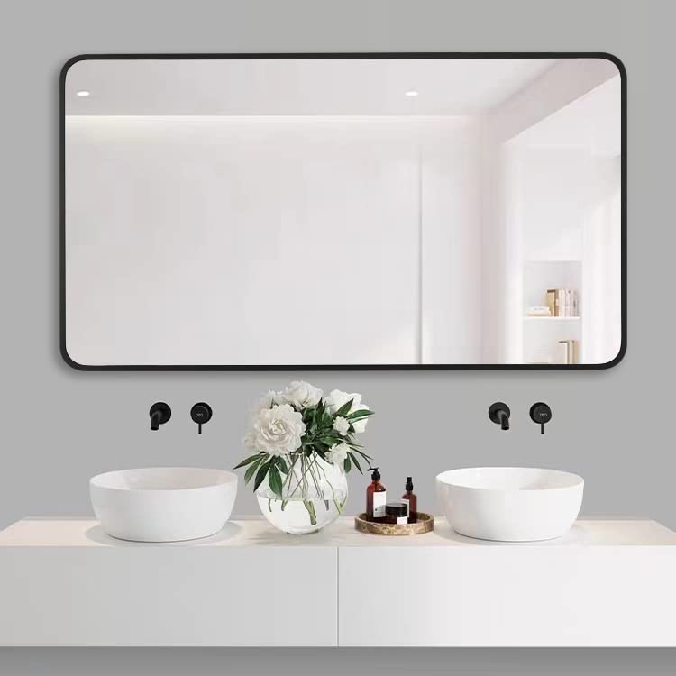 LEDLUX 20"x40" Bathroom Wall Mirror with Matte Black Metal Frame & HD Glass, Large Vanity Mirrors Modern Rectangle Round Corner Framed - Horizontal or Vertical Installation - Template Included