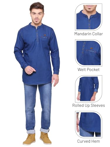 Image of Kuons Avenue Men's Denim Casual Short Kurta | Mandarin Collar | Full Sleeves | Tailored Fit- Stylish Ethnic Wear