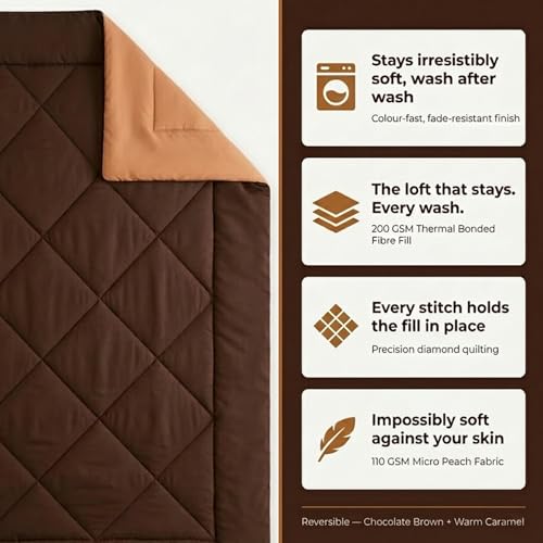 Image of Epicasa Reversible Comforter | 200 GSM Thermal Bonded Fill | 110 GSM Micro Peach Fabric | All Season AC Quilt | Diamond Quilted | Lightweight Duvet Blanket for Home Bedroom | Brown & Caramel