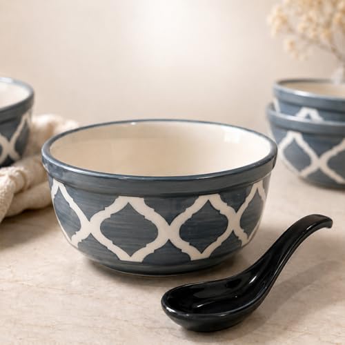 Image of The Earth Store Ceramic Bowl Set of 6 with Spoon, 300ML | Grey Moroccan Ceramic Bowl Set |Microwave & Dishwasher Safe Stylish Snack Bowl Set for Home, Office & Gifting