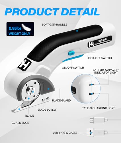 Image of HK Cordless Electric Scissors, 4V Electric Box Cutter, Carpet & Cardboard Cutter Tool with a Replacement Blade /Charger, Rotary Cutter for Cardboard Packages Leather Plastic