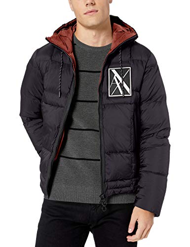 A|X Armani Exchange Men's Ribbed Puffer Jacket with Hood and Stripe Down Back, deep Navy, L