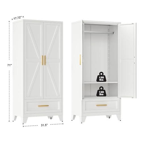 71-Farmhouse-WardrobeCottage-Storage-Cabinet-with-barn-Door-Adjustable-ShelvesFreestanding-for-Bedroom-Walk-in-Closet-Sauna-Laundry-Room-Balcony-Storage-Room-Home-OfficeWhite 71 Farmhouse WardrobeCottage Storage Cabinet with barn Door Adjustable ShelvesFreestanding for Bedroom Walk in Closet Sauna Laundry Room Balcony Storage Room Home OfficeWhite