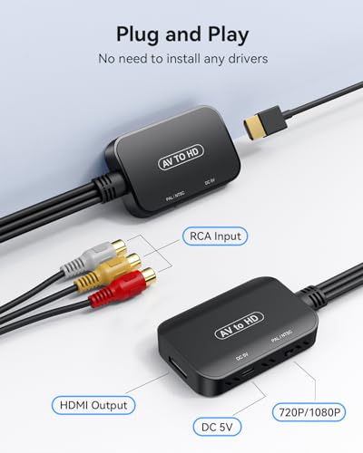 Image of RCA to HDMI Converter, AV to HDMI Adapter with Cable, Composite Audio Video Converter for PS1, PS2, PS3, STB, Xbox, VHS, VCR, Black-Ray DVD Players