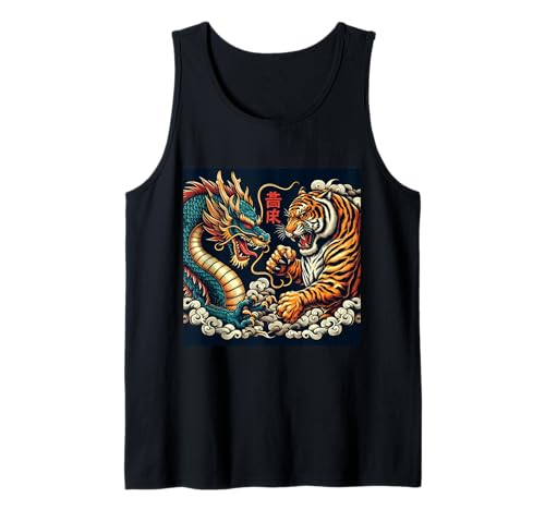 Vintage Japanese Dragon Fighting Tiger Asian Folklore Men Tank Top