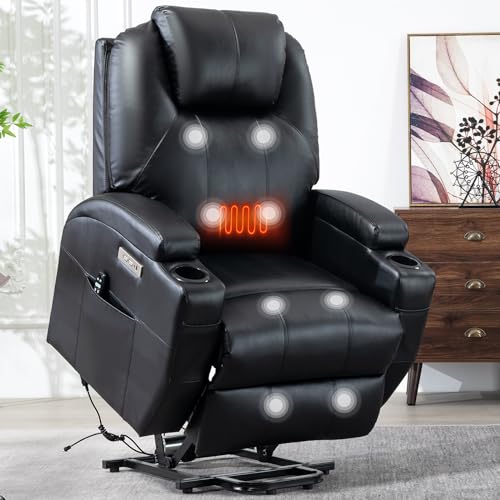 Image of Recliner Lift Chair with Massage and Heating Function,Power Lift Recliner Chair for The Elderly with USB and Type-C Ports,Extended Footrest,2 Cup Holders,PU Leather Black