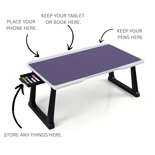 Image of Portable Laptop Table for Study & Writing | Foldable Bed Table with White Bidding Finish | Scratch Resistant Wooden Top | Heavy Duty Rust-Free Legs | Multipurpose Study Desk with Drawer (Purple)