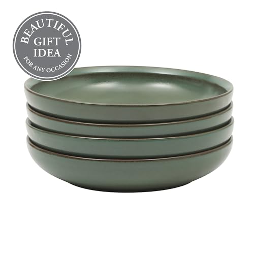 Image of Gibson Elite Beckett 4-Piece 9 Inch Dinner Plate Bowl Set - Reactive Glaze Stoneware - Shallow Serving Pasta Bowls (Blate) - Wide-Rim Round Shape - Microwave & Dishwasher Safe - Green