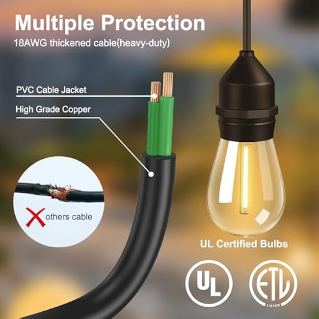 50FT Outdoor String Lights with 32+2 Bulbs (1.5FT Bulbs Spacing), Remote & Dimmer, Commercial Patio String Lights with 3 Mode Light & Timing, IP65 Waterproof, 50PC Mounting Ties for Outside