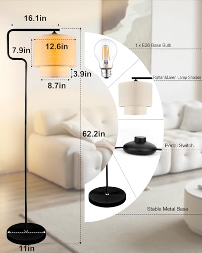 Image of Lightdot 62IN Floor Lamps for Living Room, Modern Standing Tall Lamps with Double Linen Shades, 3000K Arc Bohemian Floor Lamp with Foot Switch for Wedding /Party, Bedroom, Home Office-Black