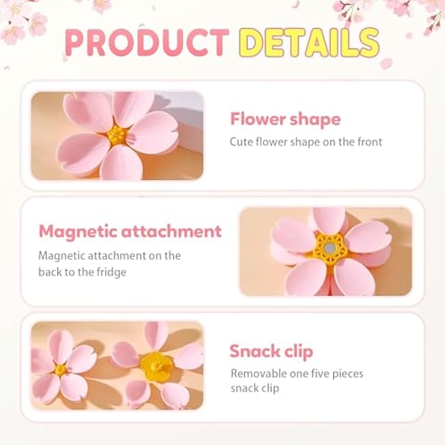 Cherry Blossom Magnetic Bag Clips, Magnetic Chip Clips for Refrigerator Pink Sakura Food Sealing Clip for Kitchen, Decorative Fridge Magnets Kitchen & Home Decor Bag Sealers (3PCS)