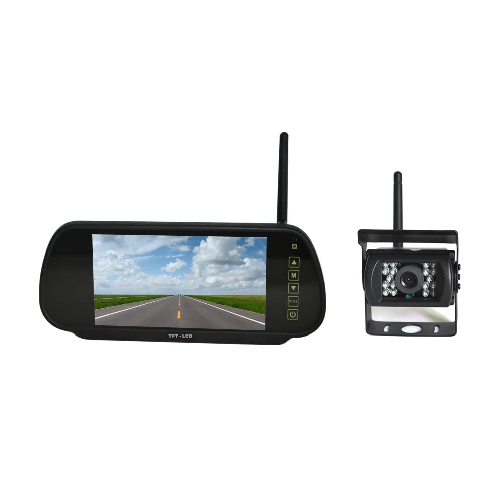 VS721 Monitor de espejo retrovisor inalámbrico de 7 pulgadas con clip para cámara de visión trasera resistente para furgoneta, caravana, camión, autobús, caravana