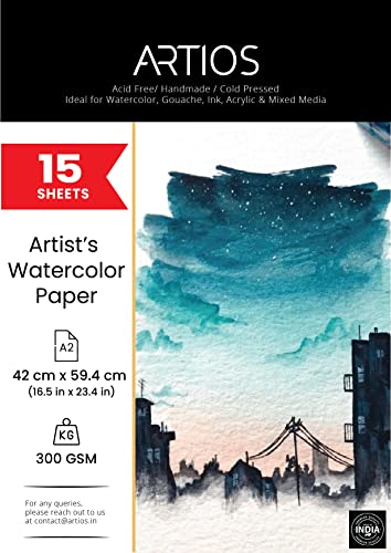 Image of ARTIOS Artists' Watercolor Paper A2 300 GSM - 100% Cotton, Cold-Pressed, Acid-Free, Handmade Water Colour Papers for Watercolour, Acrylic, Gouache, Ink & Mixed Media, 15 Sheets