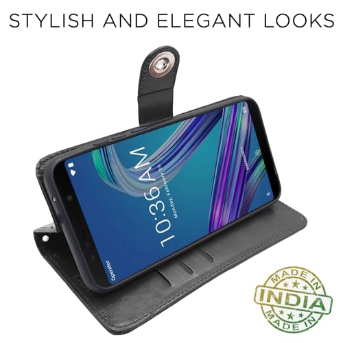 Image of Pikkme Asus Zenfone Max Pro M1 Flip Cover Leather Finish | Inside TPU with Card Pockets | Wallet Stand and Shock Proof | Complete Protection Flip Case (Button Black)