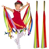 MTLEE 12 Pcs Rainbow Dance Ribbons Kids Dancing Wands Stretchy Band for Music Classroom Christmas Valentines Hand Held Rhythm Streamers Gift Dance Decorations (Dark Rainbow)