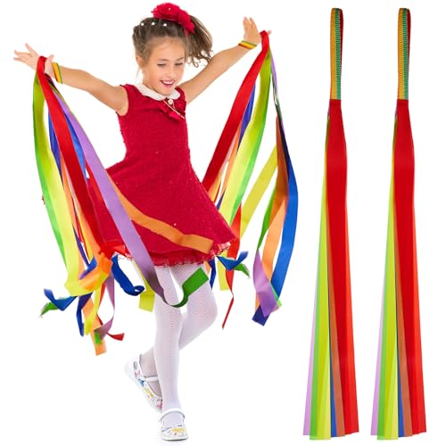 MTLEE 12 Pcs Rainbow Dance Ribbons Kids Dancing Wands Stretchy Band for Music Classroom Christmas Valentines Hand Held Rhythm Streamers Gift Dance Decorations (Dark Rainbow)