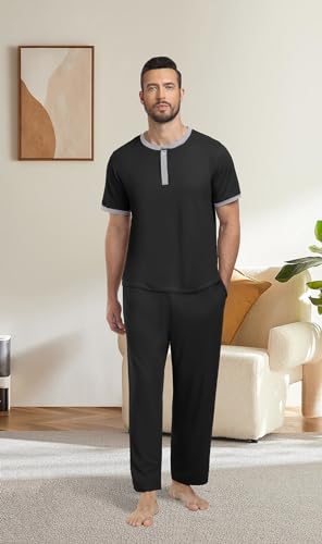 PrinStory Men's Pajama Set Pjs Sleepwear Lightweight Quick Dry Cozy Short Sleeve Button Neck Shirts and Pants Soft Sleep Sets2