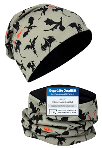 HECKBO Drachen Beanie & Schlauchschal Set - 2-8 Jahre - Wendbar mit Jersey...