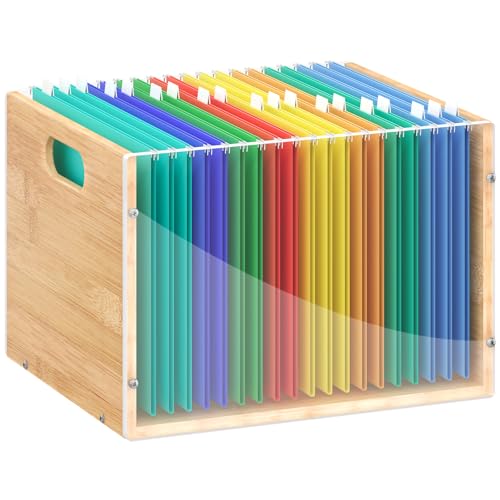 Sbanmao Clear Acrylic File Box Organizer, Bamboo Hanging Folder Storage Boxes, Filing Crate Bin Holder with Handle for Home Office Desk, Letter Size