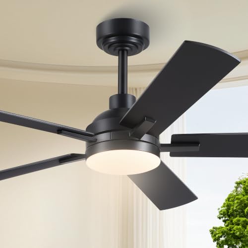 Image of JSAITEE Ceiling Fans with Lights - 52Inch Low Profile Flush Mount Ceiling Fan with Light and Remote Control, DC Reversible Motor, Dimmable, 6 Speeds Ceiling Fan for Bedroom, Kitchen, Black