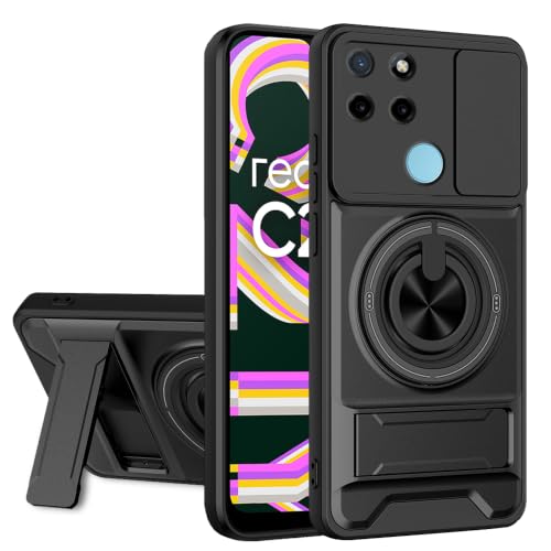 Image of AESTMO Realme C21Y Back Cover | Armor Camera Slider 360 Degree Rotating Finger Ring Holder Case with Bracket Stand Back Case Cover (Compatible with MagSafe Accessories) (Black)
