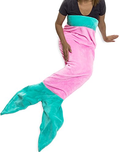 Silver Lilly Mermaid Tail Blanket Plush for Adults and Kids, Youth, Pink/Turquoise